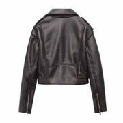 Soft Leather Jacket Vintage Female Belt Zipper Coat Biker Outwear Tops