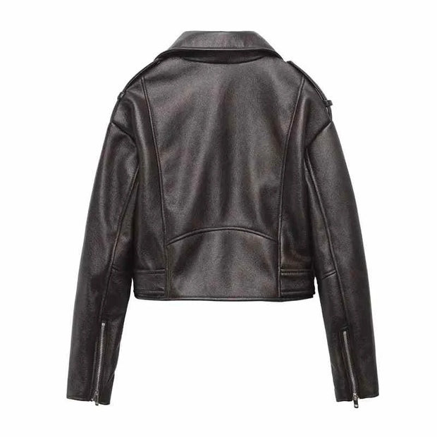 Soft Leather Jacket Vintage Female Belt Zipper Coat Biker Outwear Tops