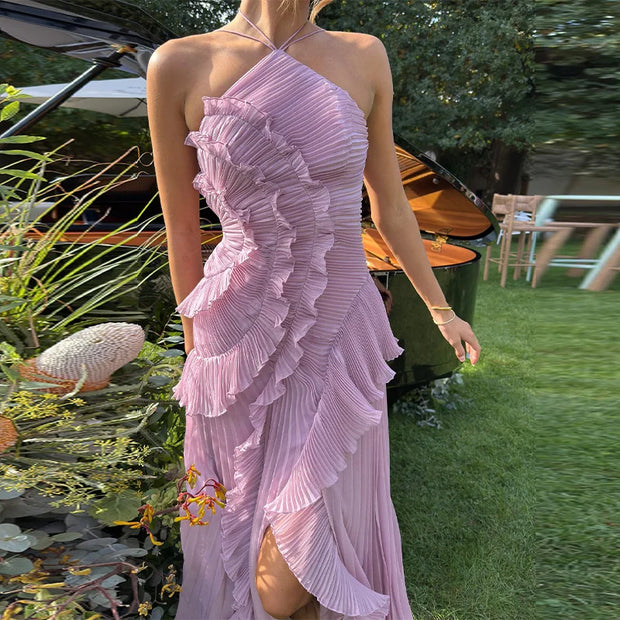 Slim fit backless sleeveless pink ruffled halter maxi dress with ankle-length A-line silhouette