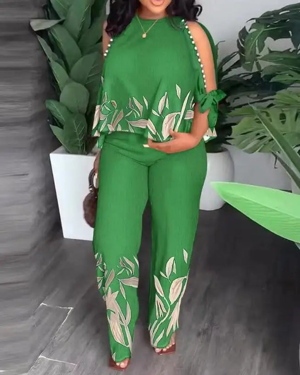 Two Piece Sets Neck Hollow Sleeves Top & Wide Leg Trousers Suit