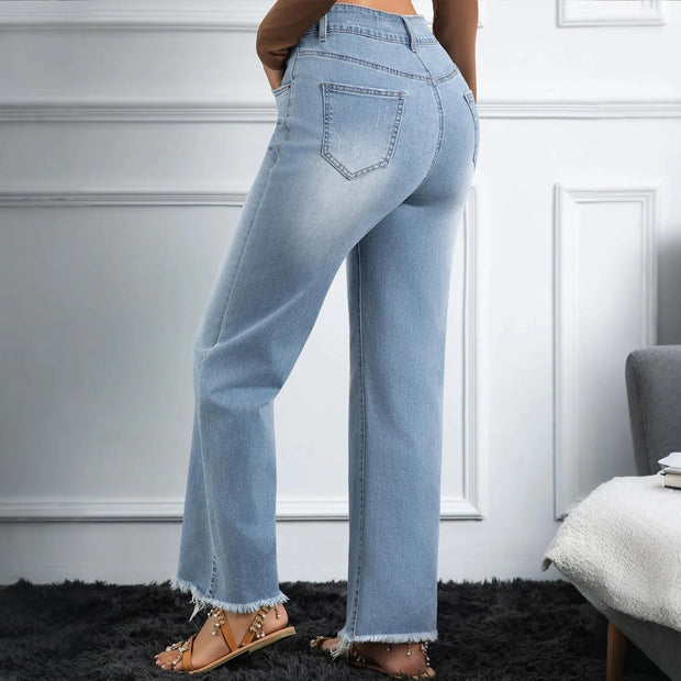 Blue Washed Raw-Edge Trouser Legs High Waist Design Daily Wear Fashionable