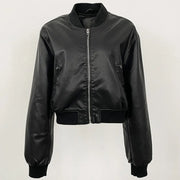 Black women PU faux leather coat with zipper and tight waist, casual Y2K streetwear style for autumn winter 2025