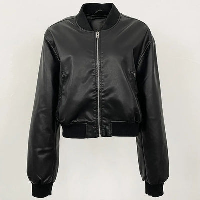 Black women PU faux leather coat with zipper and tight waist, casual Y2K streetwear style for autumn winter 2025