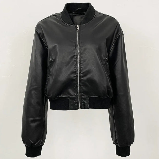 Black women PU faux leather coat with zipper and tight waist, casual Y2K streetwear style for autumn winter 2025