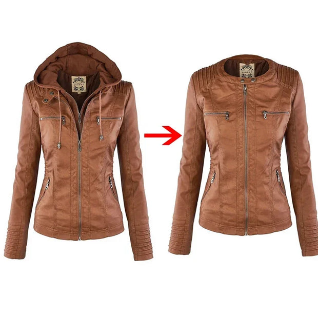 Coat Female Winter Motorcycle Jacket PU Leather Zipper Hoodies Outerwear