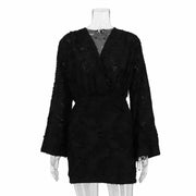 Chic fashion female black long sleeve V-neck bodycon mini dress with textured jacquard fabric for autumn winter streetwear