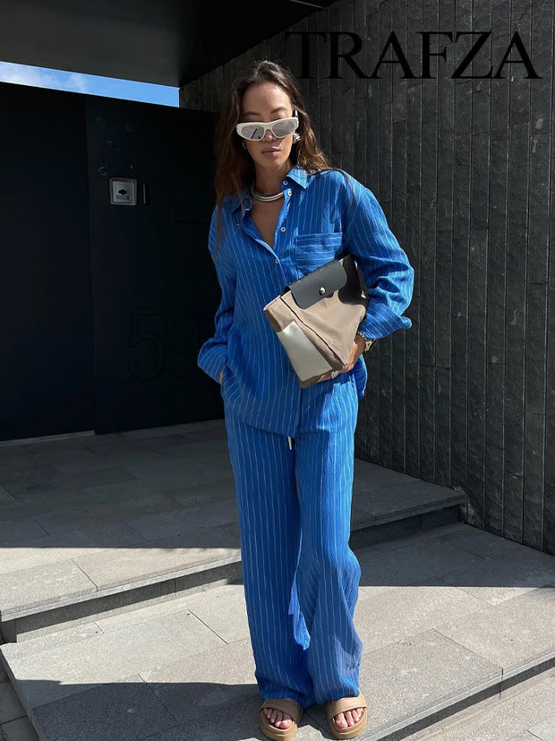 Long Sleeve Single-breasted Slim Shirt+High Waist Drawstring Loose Long Pants