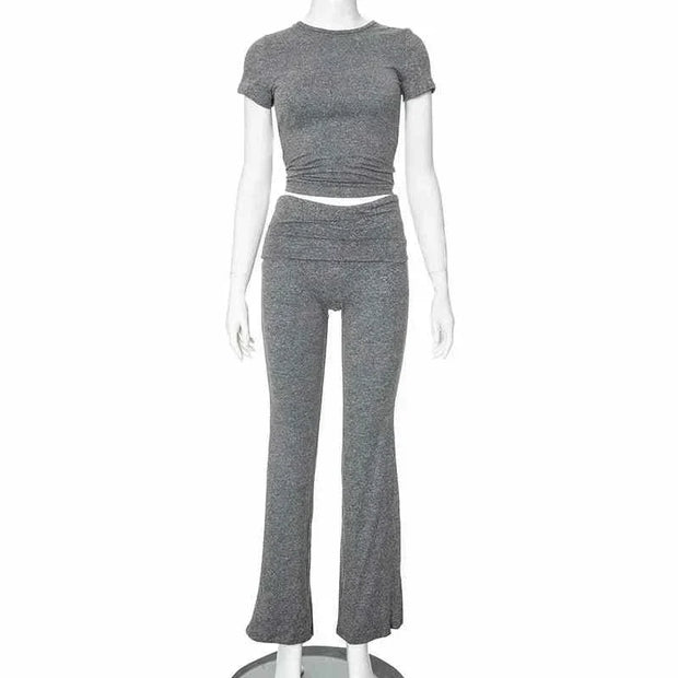 women's grey crop top and low rise flare leggings yoga pants set activewear
