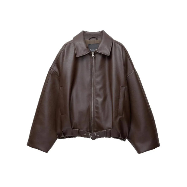Turn Down Collar Zipper Pockets Vintage Casual Overcoat Streetwear Outerwear