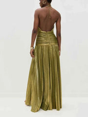 Sleeveless backless olive green halter neck maxi evening dress with pleated A-line skirt