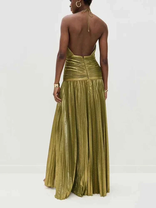 Sleeveless backless olive green halter neck maxi evening dress with pleated A-line skirt