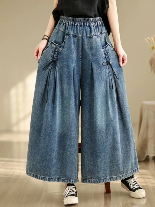 Wide Leg Denim Pants Elastic Waist Loose Casual Ankle Length Trouser