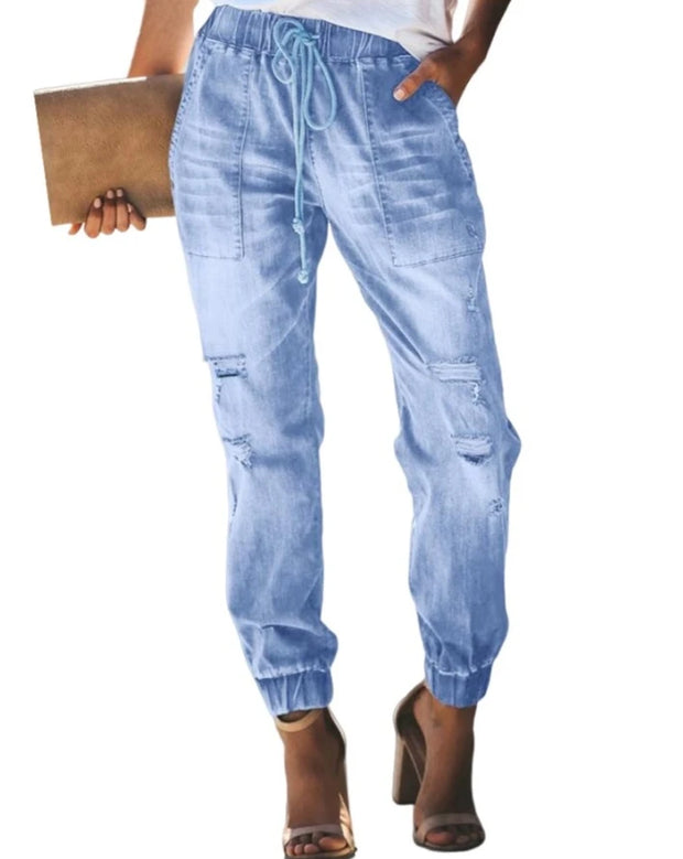 Latest Fashion Commuting Style Drawstring Ripped Pocket Daily Versatile Jeans