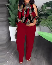 Two Piece Sets Neck Hollow Sleeves Top & Wide Leg Trousers Suit