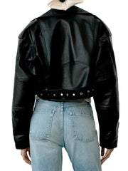 Casual Lady Lapel Zipper Short Leather Jacket High Street Motorcycle Coat
