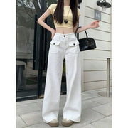 Loose Pocket Wide Leg Denim Floor Pants Y2K High Waisted Straight Trousers