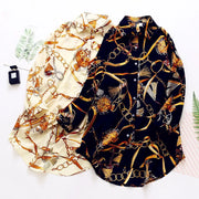 Vintage style women's chiffon shirts with geometric chain print in black and cream colors, loose fit and long length