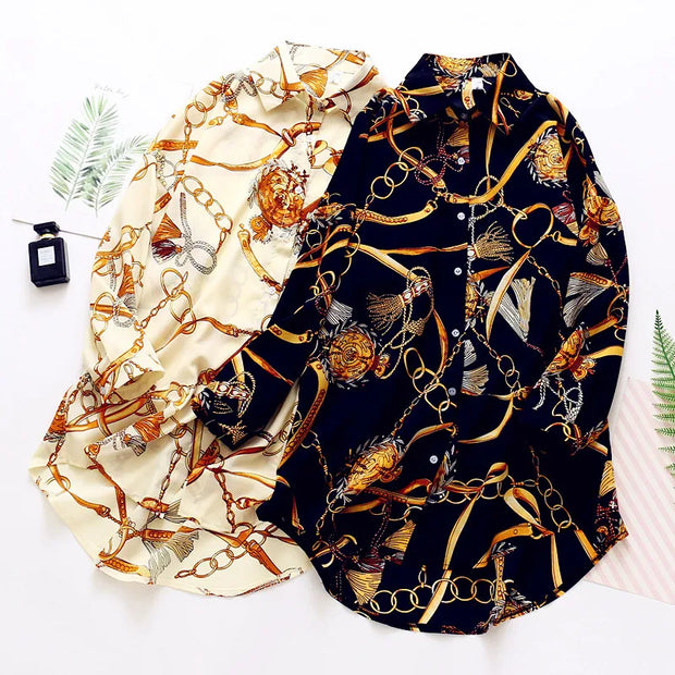 Vintage style women's chiffon shirts with geometric chain print in black and cream colors, loose fit and long length