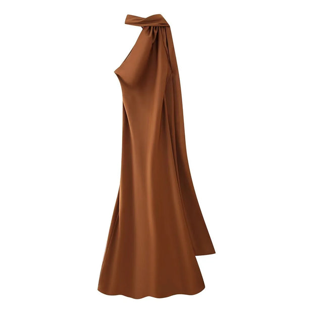 Women's sexy backless off-shoulder sleeveless knee-length brown slim fit dress