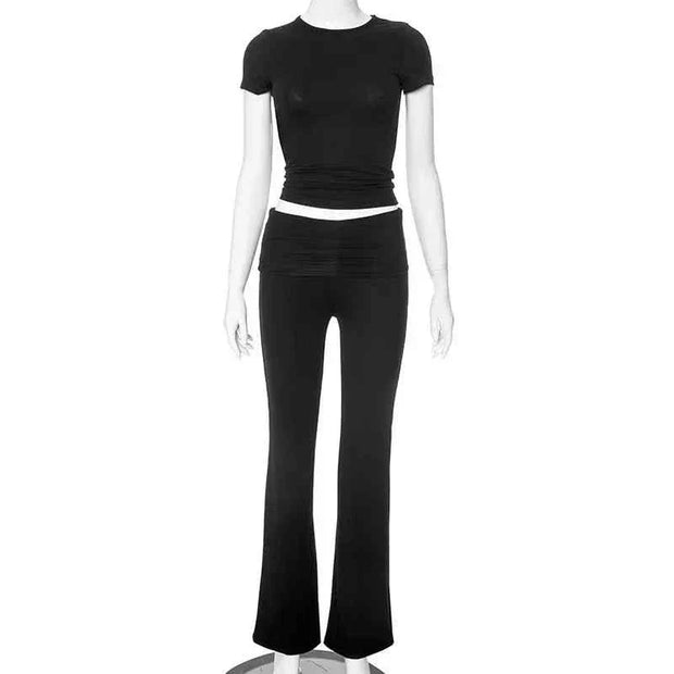 Black crop top and low rise flare leggings yoga pants set for women slim fit activewear