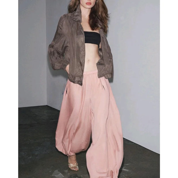 New Arrival Pleated  Hem Commute Polyester Fiber High Waist Casual Pants