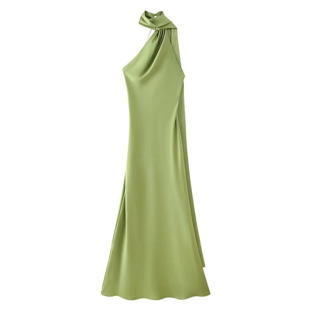 Women's sexy backless off-shoulder sleeveless knee-length green dress