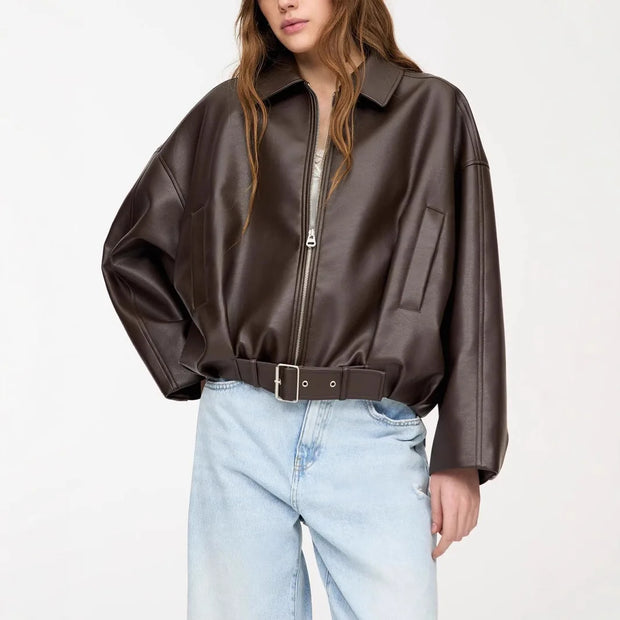 Turn Down Collar Zipper Pockets Vintage Casual Overcoat Streetwear Outerwear