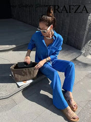 Long Sleeve Single-breasted Slim Shirt+High Waist Drawstring Loose Long Pants