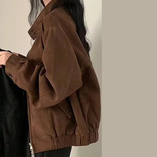 Fashion Lapel Solid Zipper Short Jacket Autumn Winter Long Sleeve Zipper Outwear