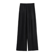 Solid Color Folded Chic Female Elastic High Waist Wide Leg Trousers