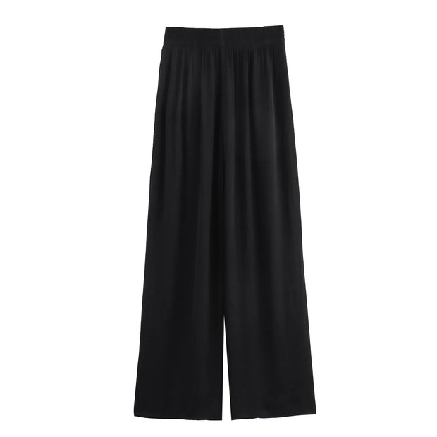 Solid Color Folded Chic Female Elastic High Waist Wide Leg Trousers
