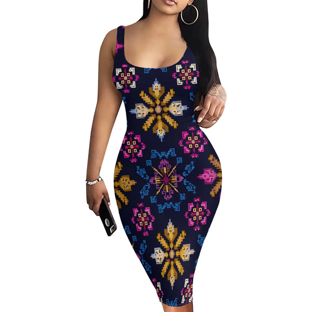 Neck Geometric Ethnic Print Fitted Party Cocktail Club Night Out Dress