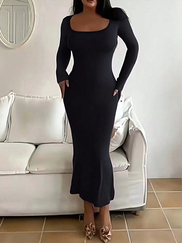 Basic Minimalist Causual Fashion Scoop Neck Long Dress, Womenswear