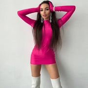 Slim fit bright pink women's bodycon dress with long sleeves and round neck gloves, knee-length, minimalist casual shift style.