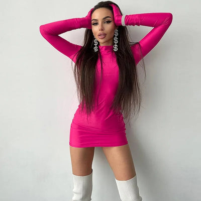 Slim fit bright pink women's bodycon dress with long sleeves and round neck gloves, knee-length, minimalist casual shift style.