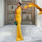 Yellow halter neck sleeveless backless slim fit floor-length maxi dress with scarf detail