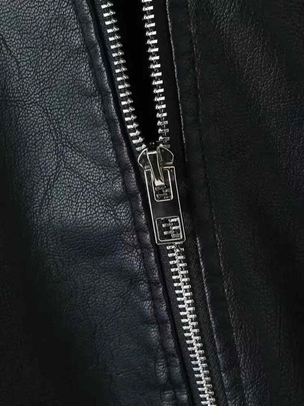 Black PU Faux Leather Jacket Spring Autumn Lady Vintage Zipper Coat