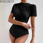 Black slim fit one-piece short sleeve streetwear jumpsuit for women with slight stretch polyester and spandex fabric