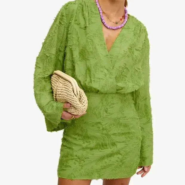chic fashion female green V-neck long sleeve bodycon mini dress with textured fabric and loose fit top