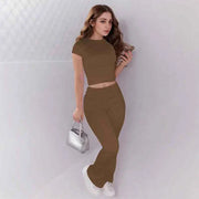 Women’s slim fit brown crop top and low rise flare leggings yoga set activewear with short sleeves and pullover closure