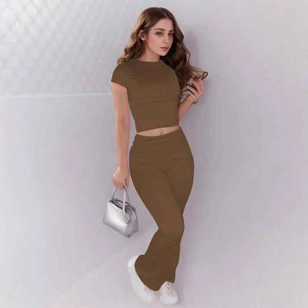 Women’s slim fit brown crop top and low rise flare leggings yoga set activewear with short sleeves and pullover closure