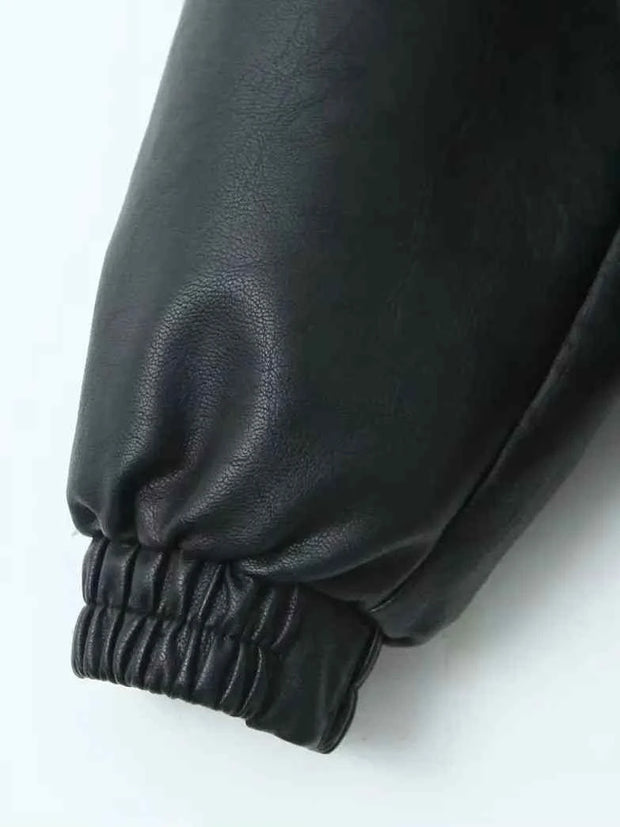 Black PU Faux Leather Jacket Spring Autumn Lady Vintage Zipper Coat