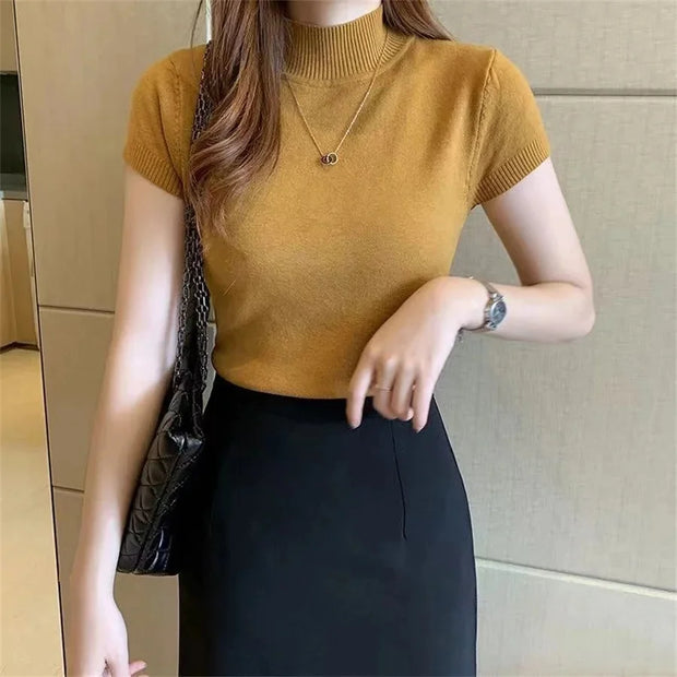 Summer Tops Blouse Women Turtleneck Knitted Blouse Shirt