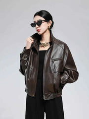Women’s brown distressed faux leather jacket with zipper and turn-down collar, Lautaro Autumn Cool Handsome style, American retro design.