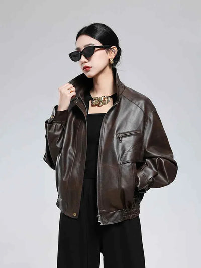 Women’s brown distressed faux leather jacket with zipper and turn-down collar, Lautaro Autumn Cool Handsome style, American retro design.