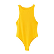 Yellow slim fit women's bodysuit with high stretch polyester and cotton blend for casual summer wear