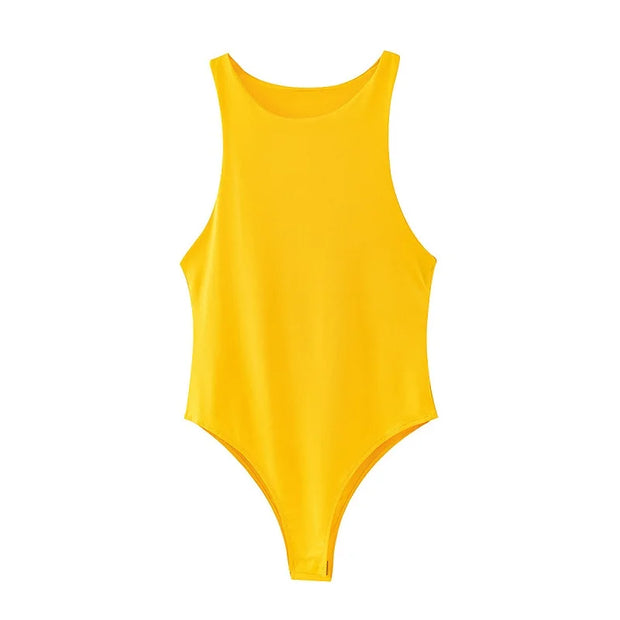Yellow slim fit women's bodysuit with high stretch polyester and cotton blend for casual summer wear