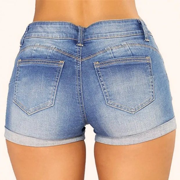 Shorts Jeans Ripped Mid Waist Solid Color Soft Short Jeans