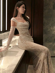 Solid Slim Slash Neck Vintage Party Long Dress Female Clothes Chic Robe