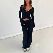 2 Piece Outfit V Neck Tie T-shirt + Elastic Waist Pants Autumn Long Sleeve Crop Tops